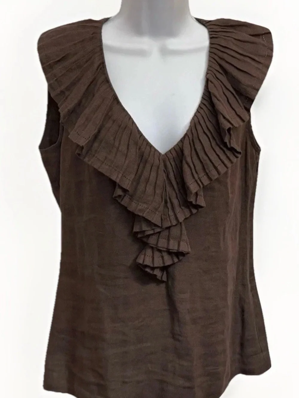 Tory Burch Brown Linen Ruffle V-Neck Sleeveless Tank Size 12